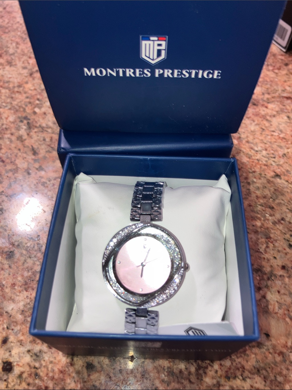 Womens Silver Bracelet Watch With Pink MotherOfPearl Dial And Crystal Accents